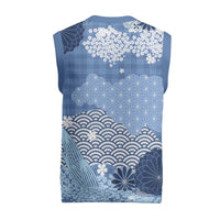 Blue Palaka Japanese Patterns Christmas Knitted V-Neck Vest Asanoha Seigaiha Sakura Motif - Polynesian Pride