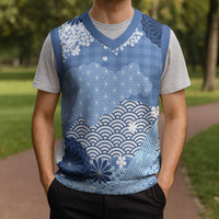 Blue Palaka Japanese Patterns Christmas Knitted V-Neck Vest Asanoha Seigaiha Sakura Motif - Polynesian Pride