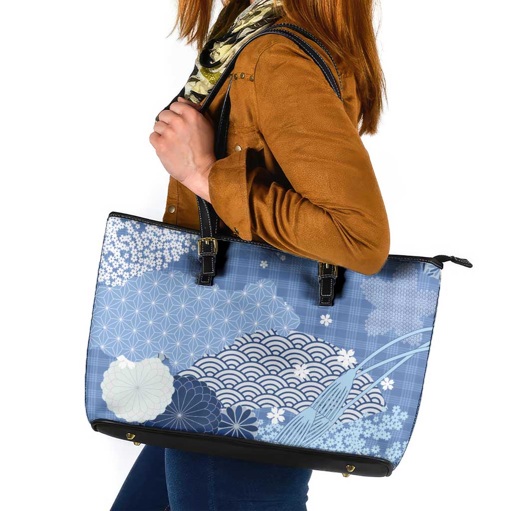 Blue Palaka Japanese Patterns Leather Tote Bag Asanoha Seigaiha Sakura Motif LT14 Blue - Polynesian Pride