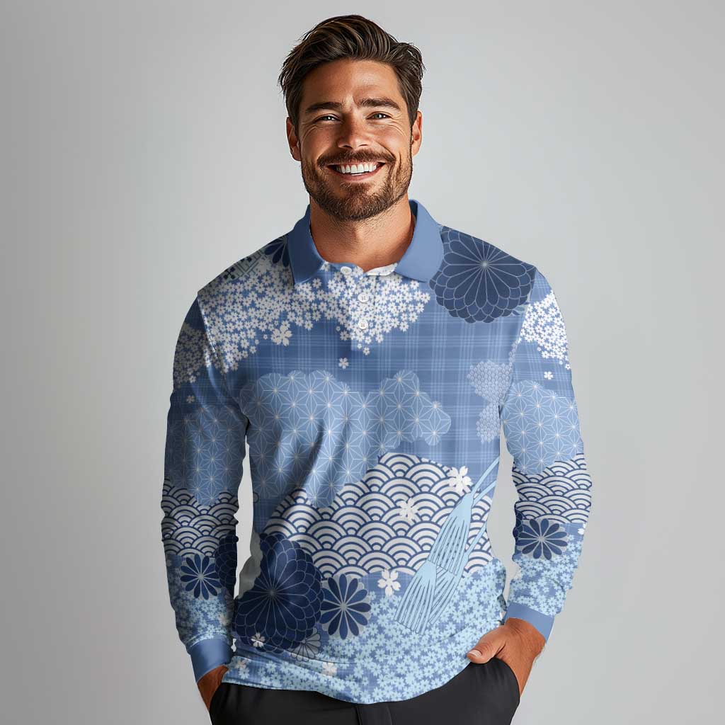 Blue Palaka Japanese Patterns Long Sleeve Polo Shirt Asanoha Seigaiha Sakura Motif - Polynesian Pride