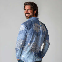 Blue Palaka Japanese Patterns Long Sleeve Polo Shirt Asanoha Seigaiha Sakura Motif - Polynesian Pride