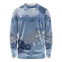 Blue Palaka Japanese Patterns Long Sleeve Shirt Asanoha Seigaiha Sakura Motif LT14 Unisex Blue - Polynesian Pride