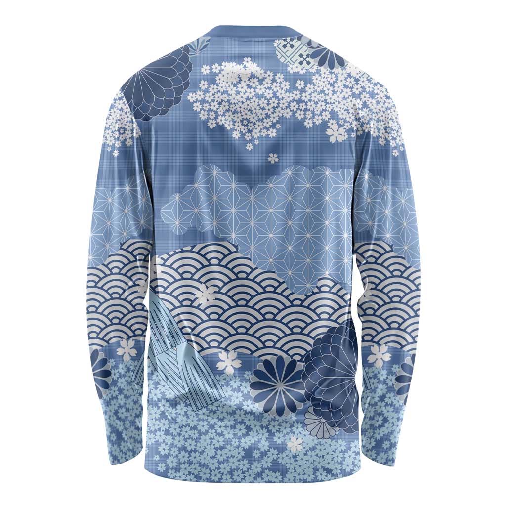 Blue Palaka Japanese Patterns Long Sleeve Shirt Asanoha Seigaiha Sakura Motif LT14 - Polynesian Pride