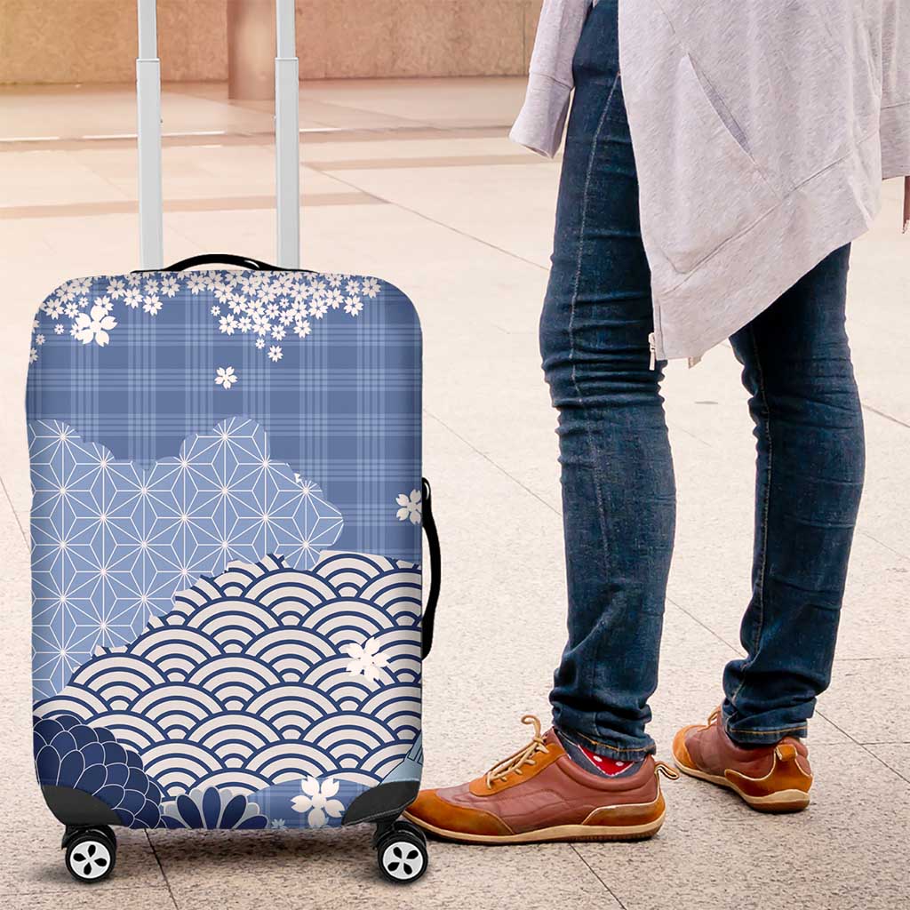 Blue Palaka Japanese Patterns Luggage Cover Asanoha Seigaiha Sakura Motif LT14 Blue - Polynesian Pride