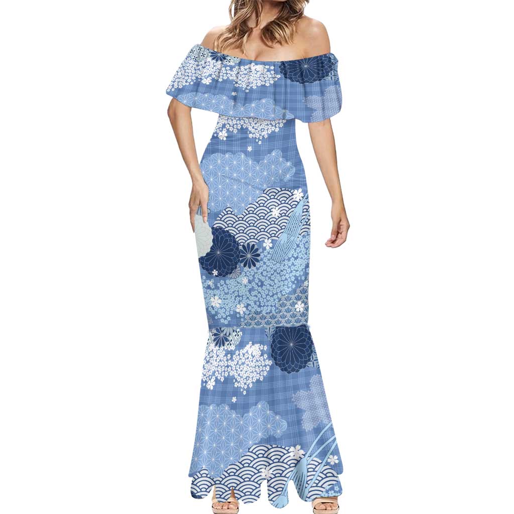 Blue Palaka Japanese Patterns Mermaid Dress Asanoha Seigaiha Sakura Motif - Polynesian Pride