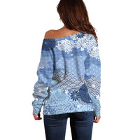 Blue Palaka Japanese Patterns Off Shoulder Sweater Asanoha Seigaiha Sakura Motif - Polynesian Pride
