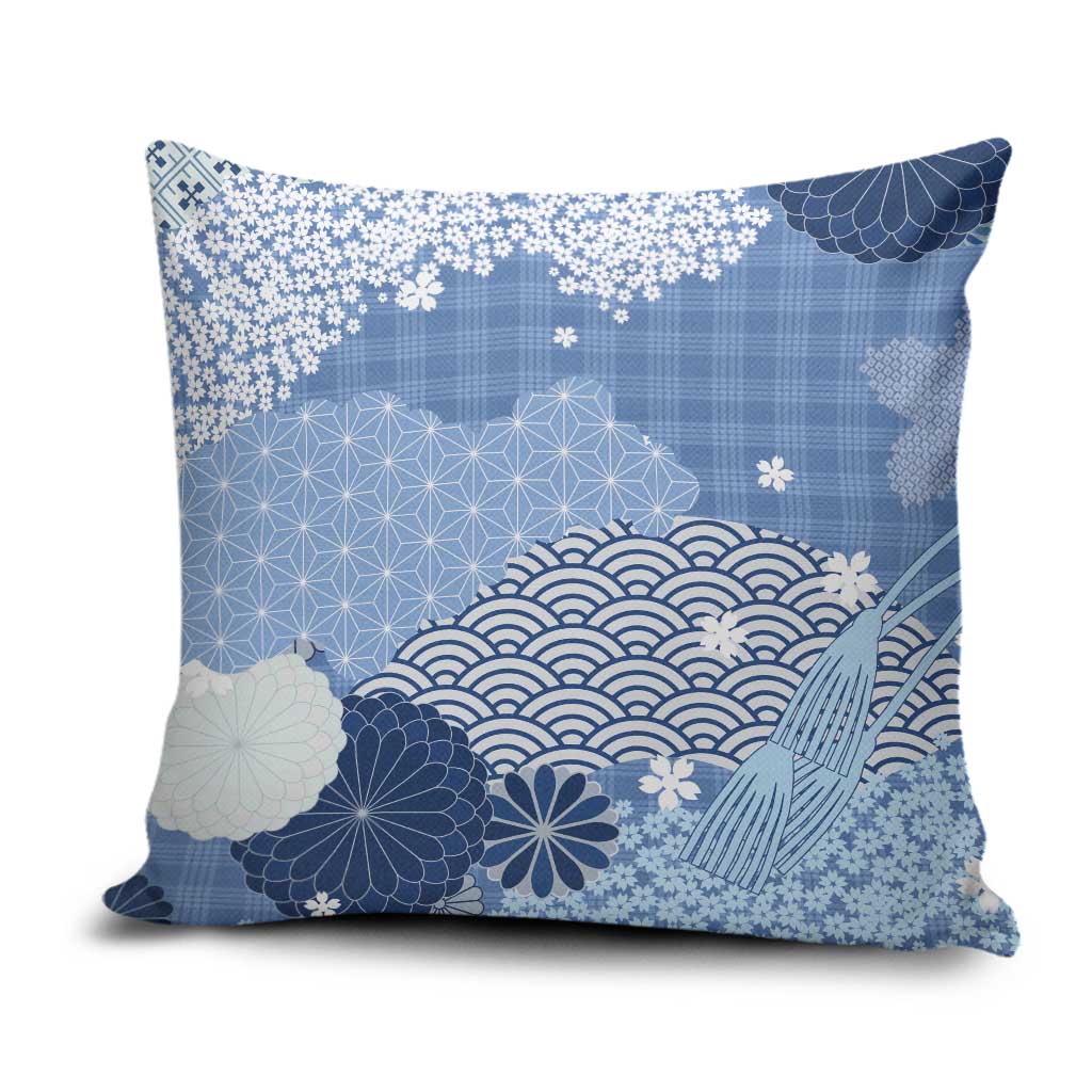 Blue Palaka Japanese Patterns Pillow Cover Asanoha Seigaiha Sakura Motif - Polynesian Pride