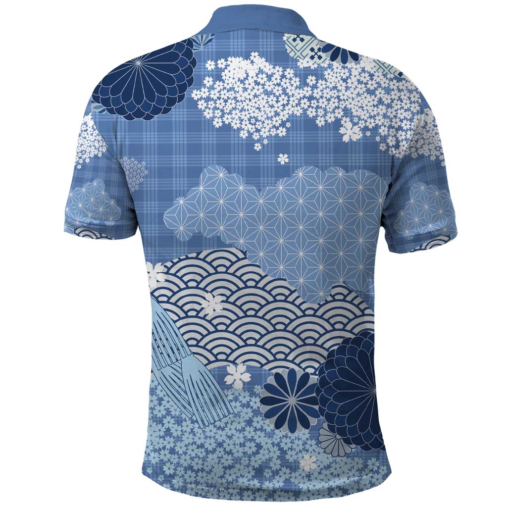 Blue Palaka Japanese Patterns Polo Shirt Asanoha Seigaiha Sakura Motif - Polynesian Pride