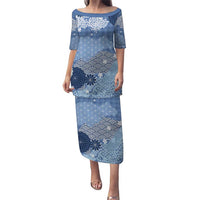 Blue Palaka Japanese Patterns Puletasi Asanoha Seigaiha Sakura Motif - Polynesian Pride