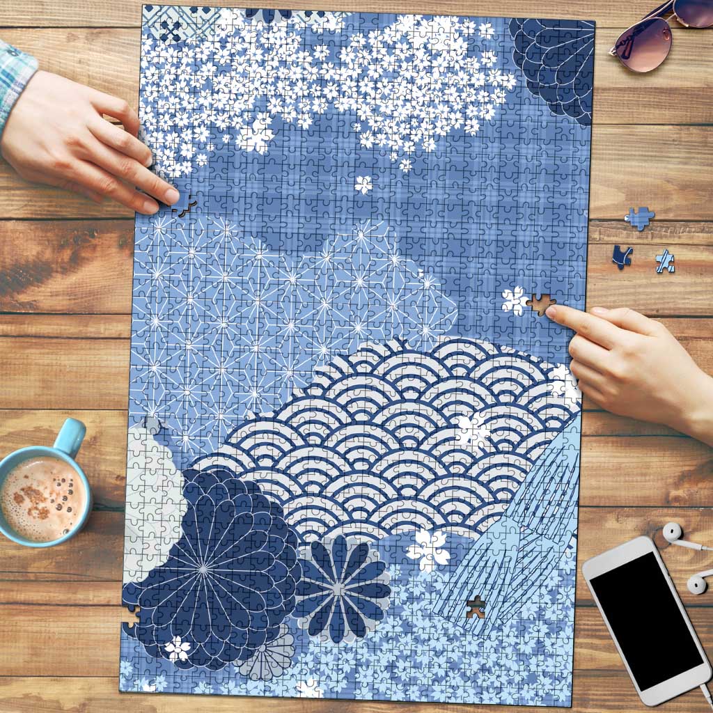 Blue Palaka Japanese Patterns Puzzle Asanoha Seigaiha Sakura Motif - Polynesian Pride
