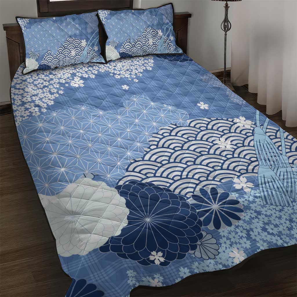 Blue Palaka Japanese Patterns Quilt Bed Set Asanoha Seigaiha Sakura Motif LT14 Blue - Polynesian Pride