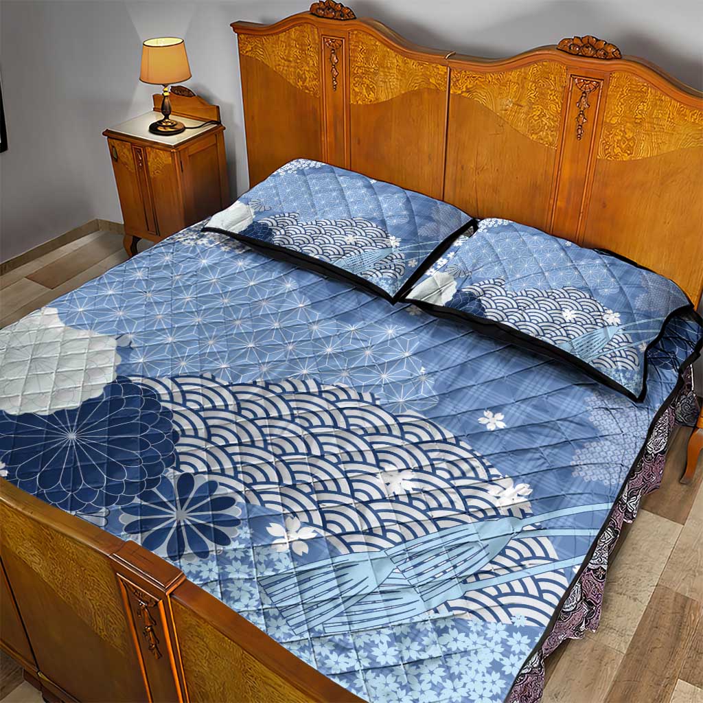 Blue Palaka Japanese Patterns Quilt Bed Set Asanoha Seigaiha Sakura Motif - Polynesian Pride