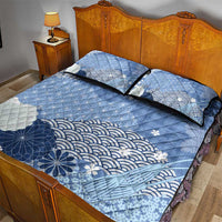 Blue Palaka Japanese Patterns Quilt Bed Set Asanoha Seigaiha Sakura Motif - Polynesian Pride