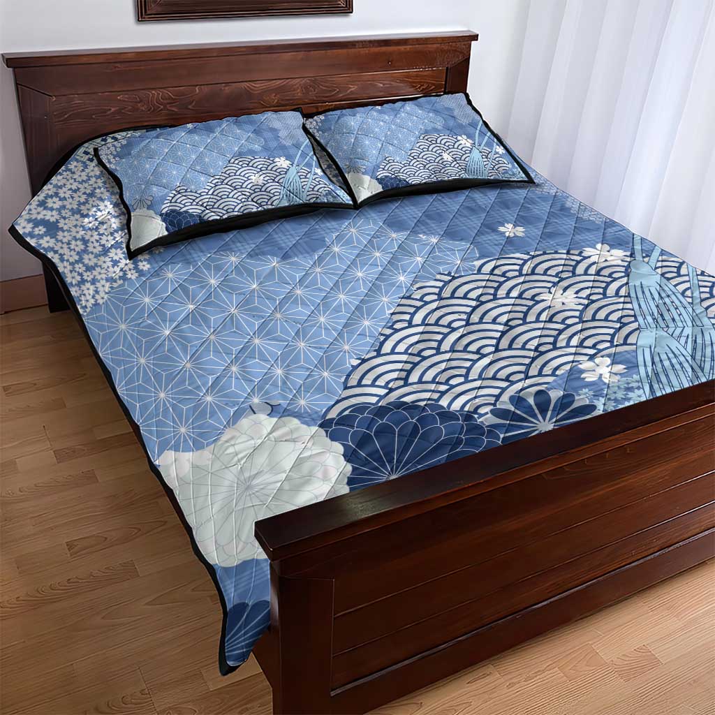 Blue Palaka Japanese Patterns Quilt Bed Set Asanoha Seigaiha Sakura Motif - Polynesian Pride