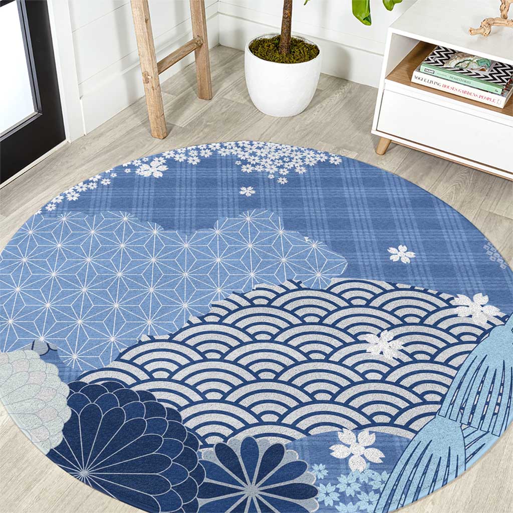 Blue Palaka Japanese Patterns Round Carpet Asanoha Seigaiha Sakura Motif LT14 Blue - Polynesian Pride