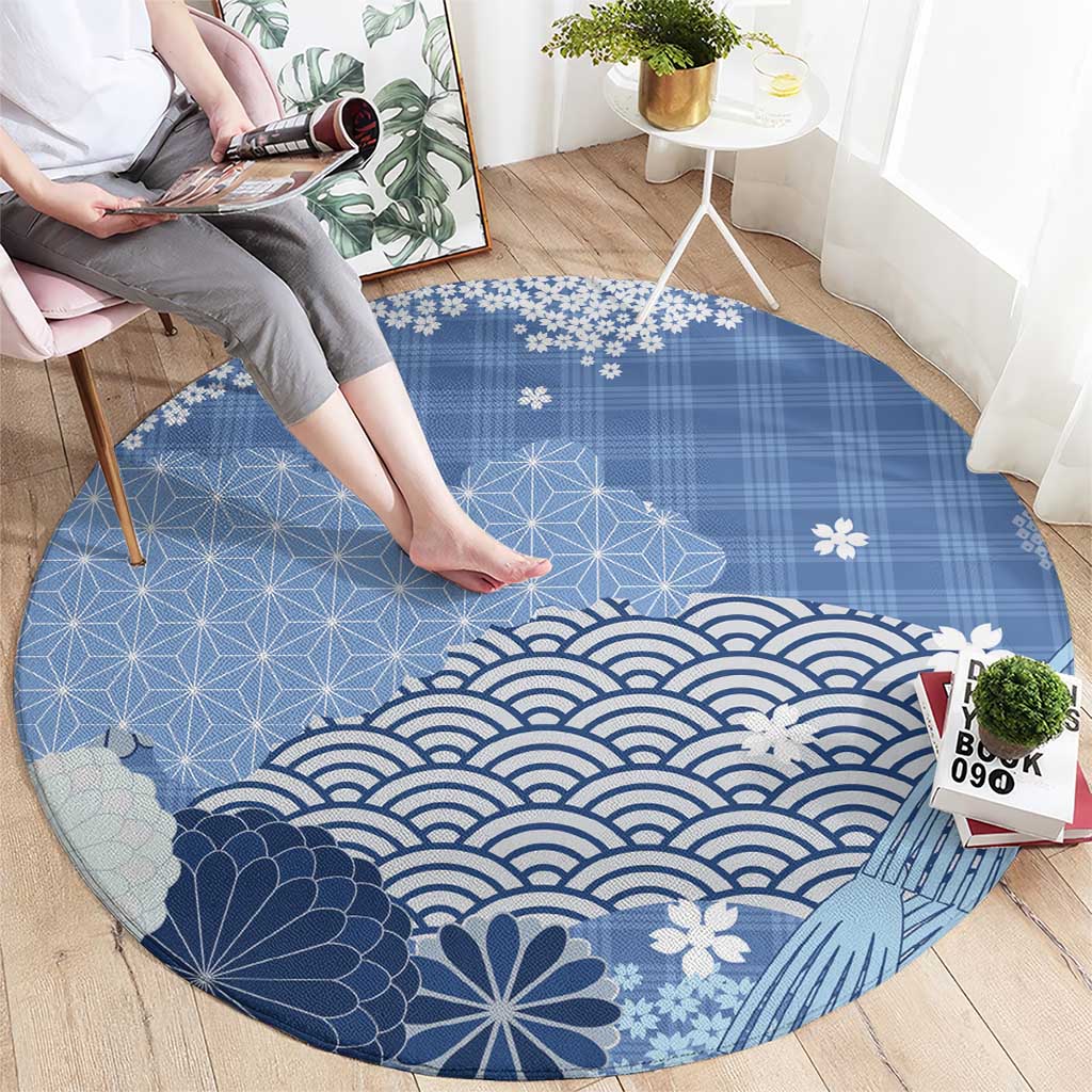 Blue Palaka Japanese Patterns Round Carpet Asanoha Seigaiha Sakura Motif LT14 - Polynesian Pride