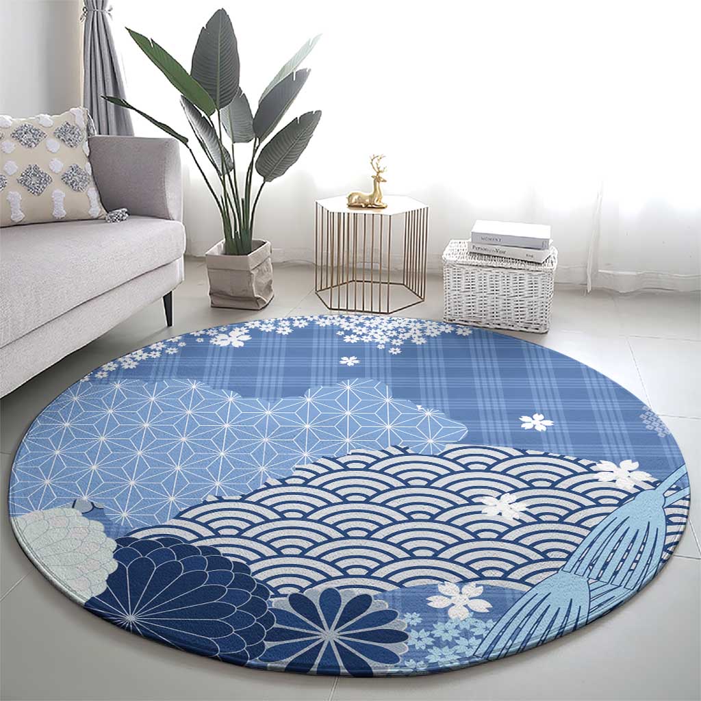 Blue Palaka Japanese Patterns Round Carpet Asanoha Seigaiha Sakura Motif LT14 - Polynesian Pride