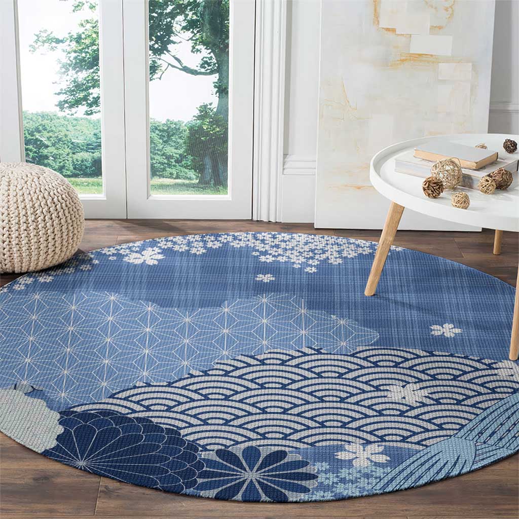 Blue Palaka Japanese Patterns Round Carpet Asanoha Seigaiha Sakura Motif LT14 - Polynesian Pride