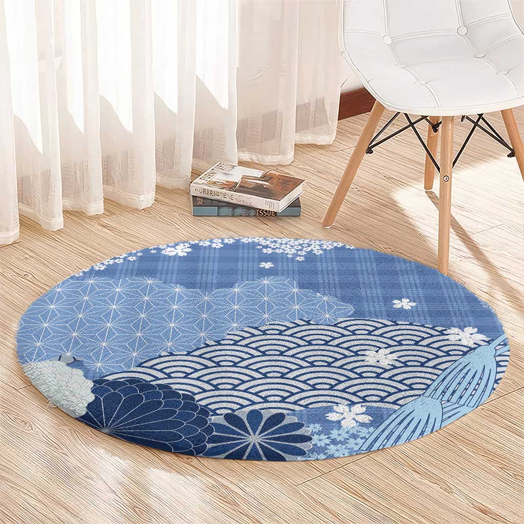 Blue Palaka Japanese Patterns Round Carpet Asanoha Seigaiha Sakura Motif LT14 - Polynesian Pride