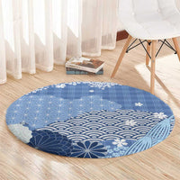 Blue Palaka Japanese Patterns Round Carpet Asanoha Seigaiha Sakura Motif LT14 - Polynesian Pride