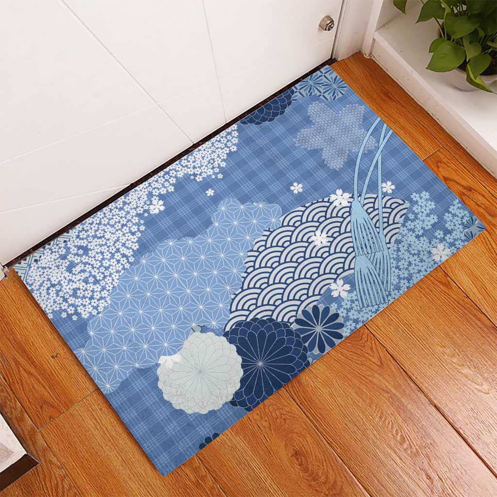 Blue Palaka Japanese Patterns Rubber Doormat Asanoha Seigaiha Sakura Motif LT14 - Polynesian Pride