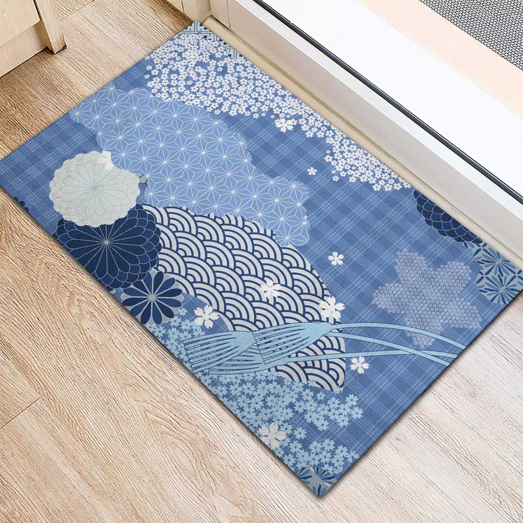 Blue Palaka Japanese Patterns Rubber Doormat Asanoha Seigaiha Sakura Motif LT14 - Polynesian Pride