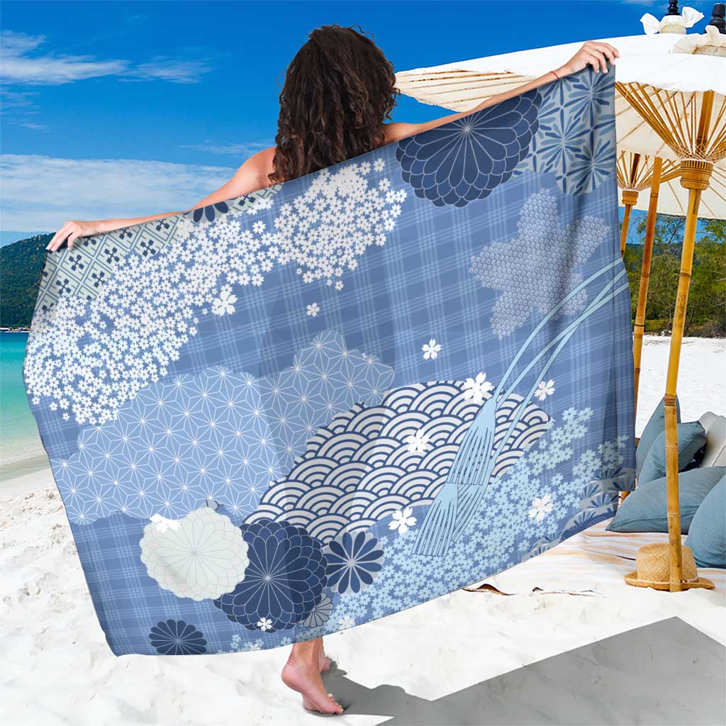 Blue Palaka Japanese Patterns Sarong Asanoha Seigaiha Sakura Motif LT14 One Size 44 x 66 inches Blue - Polynesian Pride
