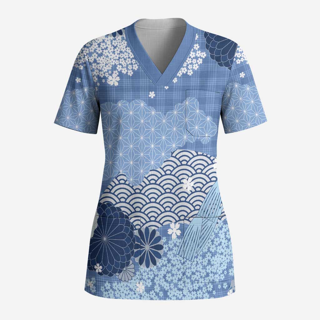 Blue Palaka Japanese Patterns Scrub Top Asanoha Seigaiha Sakura Motif LT14 Adult Blue - Polynesian Pride