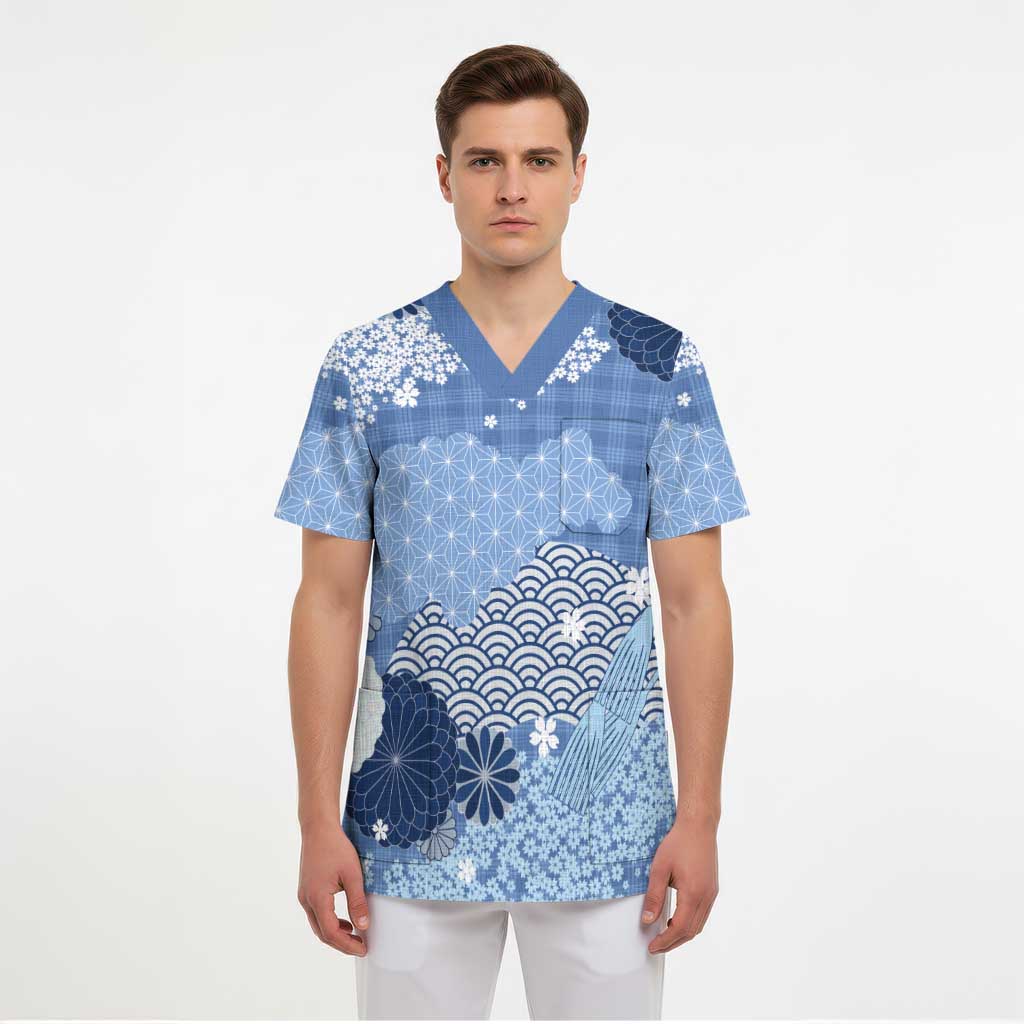 Blue Palaka Japanese Patterns Scrub Top Asanoha Seigaiha Sakura Motif - Polynesian Pride