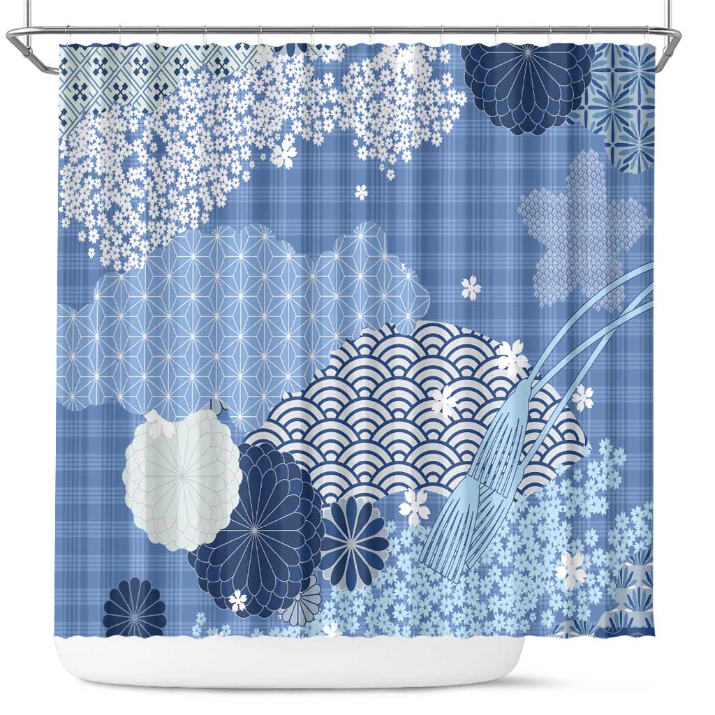 Blue Palaka Japanese Patterns Shower Curtain Asanoha Seigaiha Sakura Motif LT14 Blue - Polynesian Pride