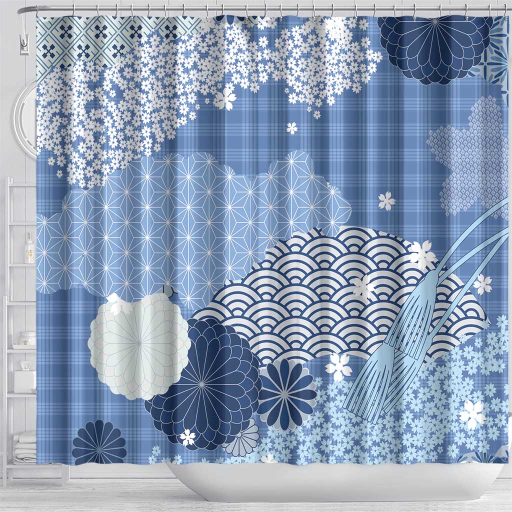 Blue Palaka Japanese Patterns Shower Curtain Asanoha Seigaiha Sakura Motif - Polynesian Pride