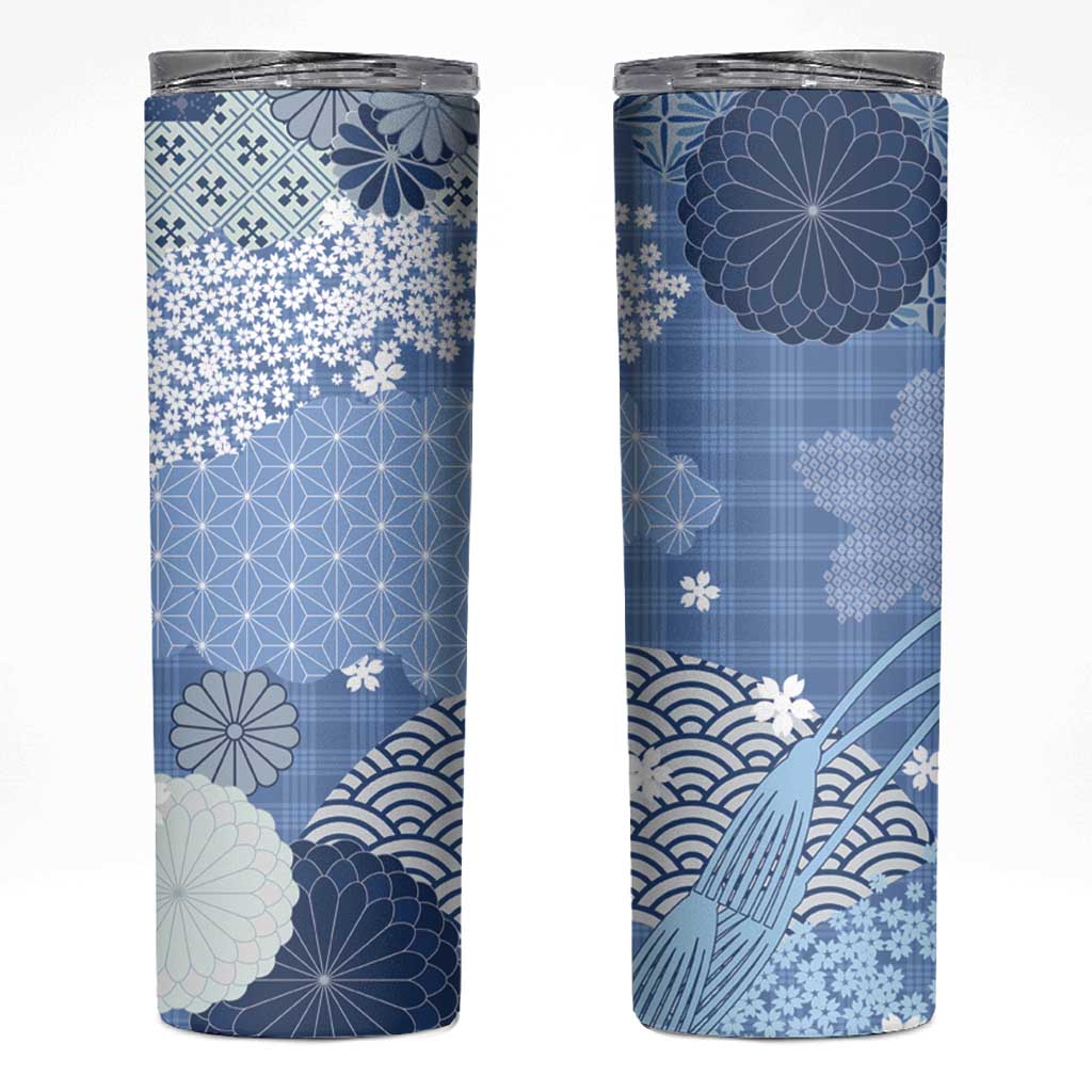 Blue Palaka Japanese Patterns Skinny Tumbler Asanoha Seigaiha Sakura Motif - Polynesian Pride