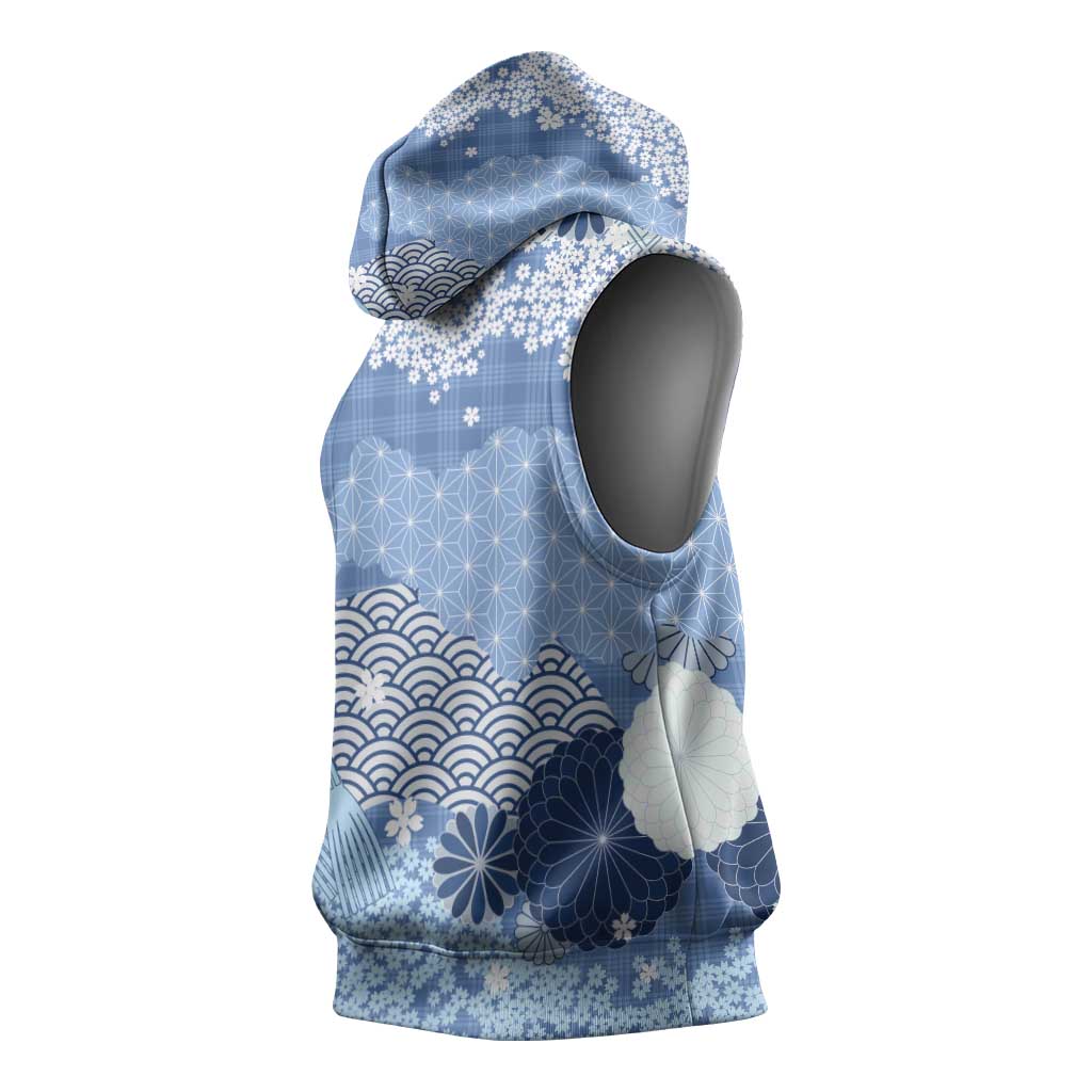 Blue Palaka Japanese Patterns Sleeveless Hoodie Asanoha Seigaiha Sakura Motif LT14 - Polynesian Pride