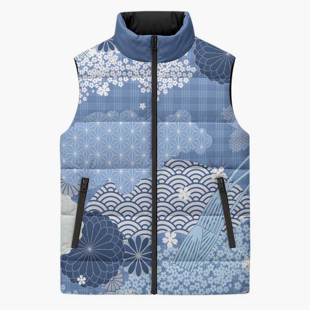 Blue Palaka Japanese Patterns Sleeveless Puffer Jacket Asanoha Seigaiha Sakura Motif LT14 Unisex Blue - Polynesian Pride
