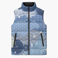 Blue Palaka Japanese Patterns Sleeveless Puffer Jacket Asanoha Seigaiha Sakura Motif LT14 Unisex Blue - Polynesian Pride