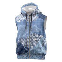 Blue Palaka Japanese Patterns Sleeveless Zip Hoodie Asanoha Seigaiha Sakura Motif - Polynesian Pride