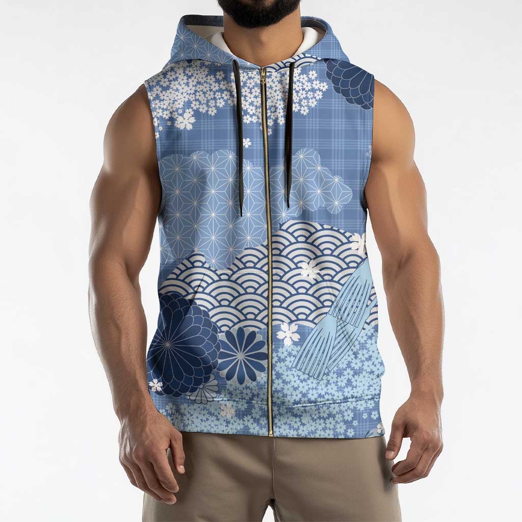 Blue Palaka Japanese Patterns Sleeveless Zip Hoodie Asanoha Seigaiha Sakura Motif - Polynesian Pride