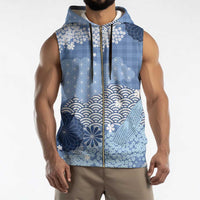 Blue Palaka Japanese Patterns Sleeveless Zip Hoodie Asanoha Seigaiha Sakura Motif - Polynesian Pride