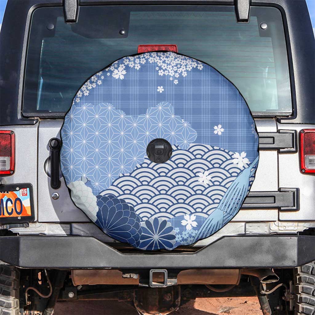 Blue Palaka Japanese Patterns Spare Tire Cover Asanoha Seigaiha Sakura Motif LT14 Blue - Polynesian Pride