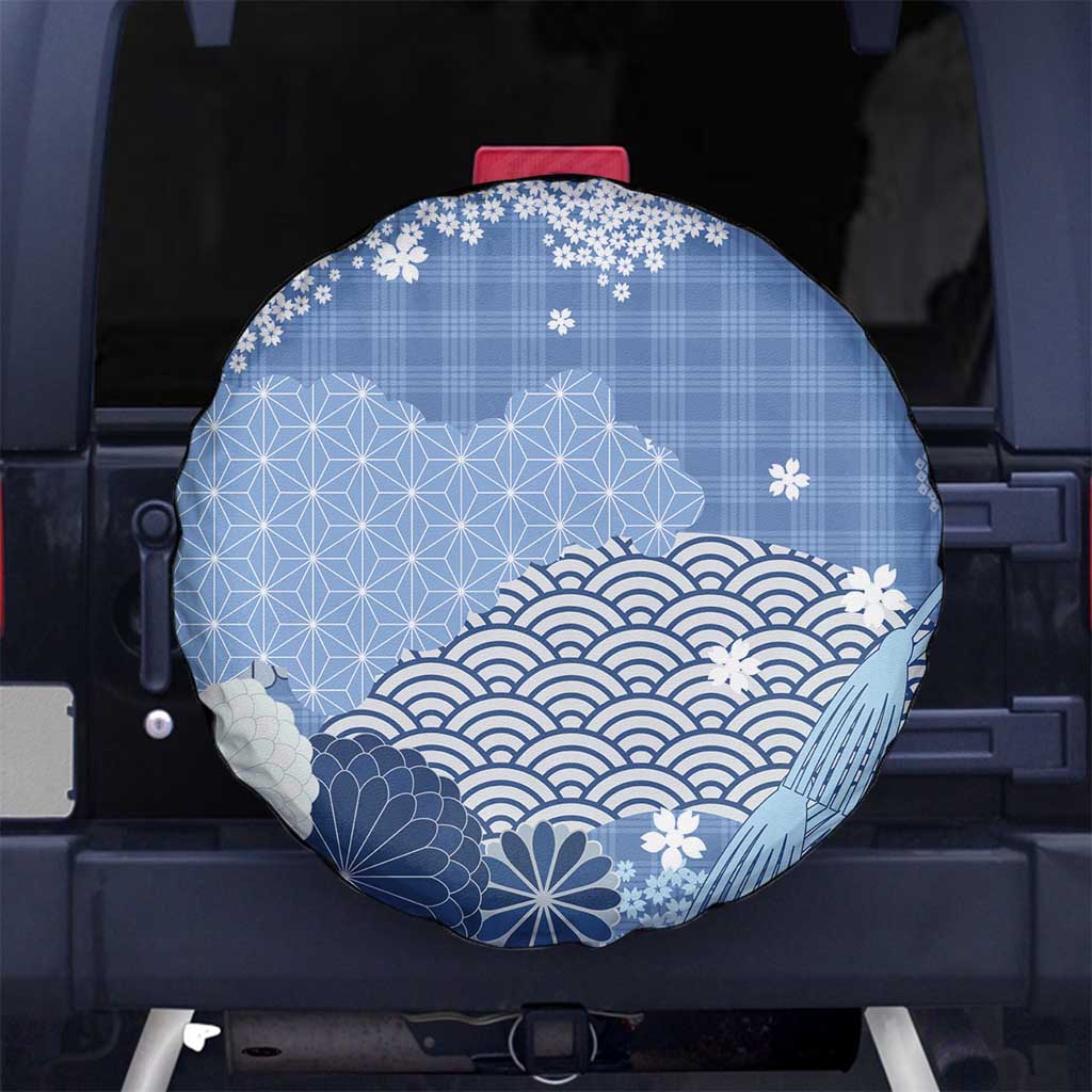 Blue Palaka Japanese Patterns Spare Tire Cover Asanoha Seigaiha Sakura Motif - Polynesian Pride