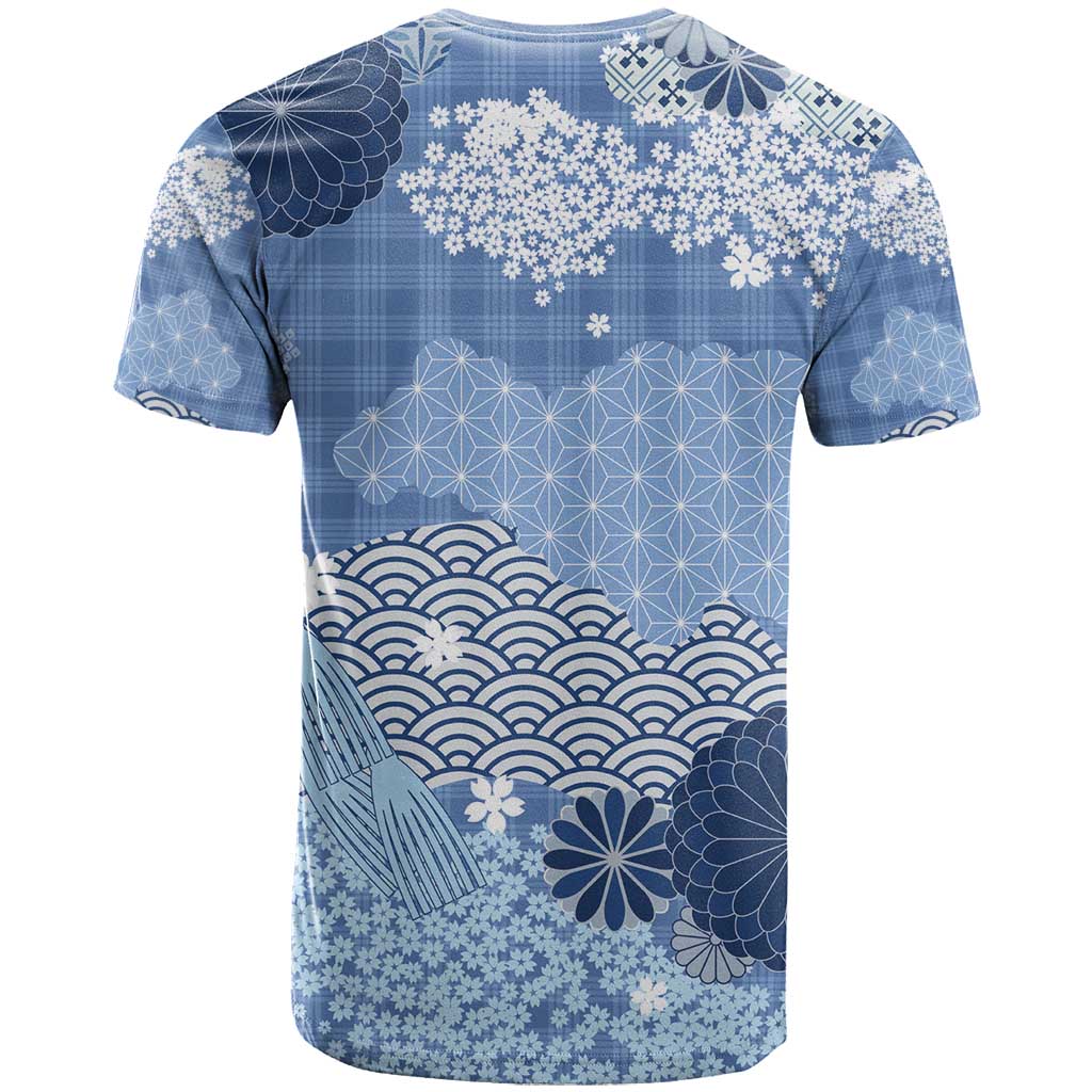 Blue Palaka Japanese Patterns T Shirt Asanoha Seigaiha Sakura Motif - Polynesian Pride