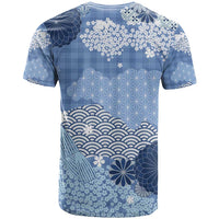 Blue Palaka Japanese Patterns T Shirt Asanoha Seigaiha Sakura Motif - Polynesian Pride