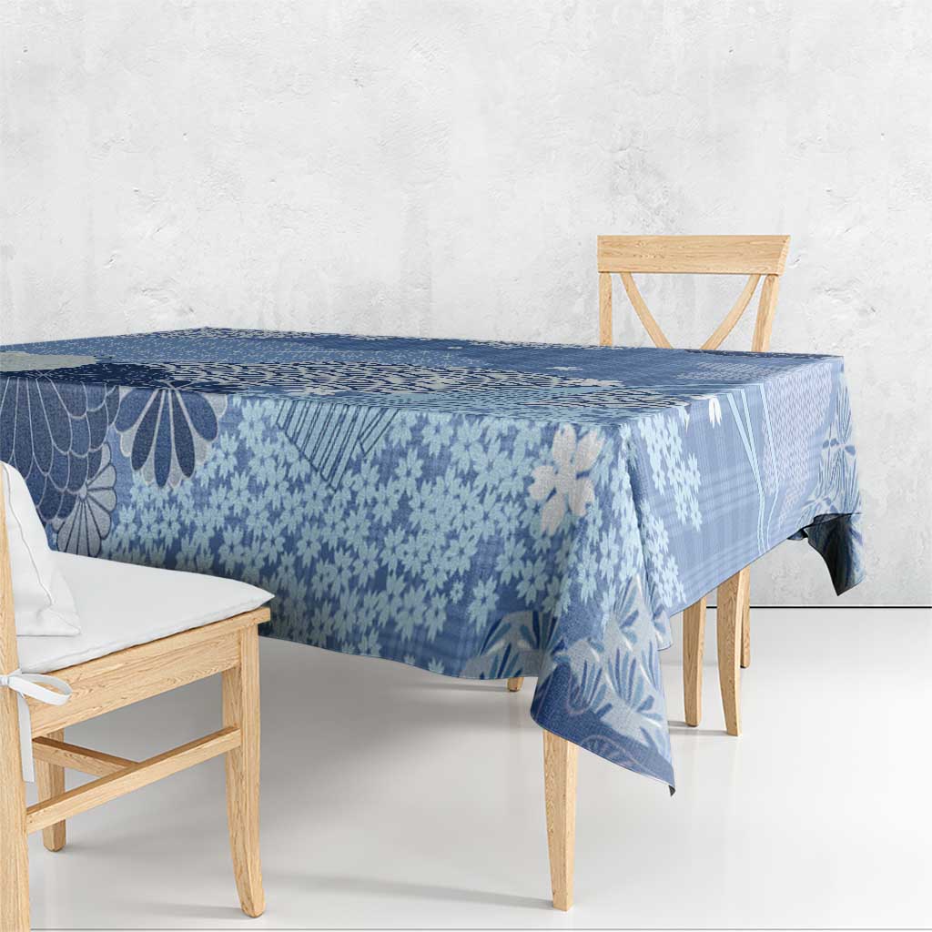 Blue Palaka Japanese Patterns Tablecloth Asanoha Seigaiha Sakura Motif - Polynesian Pride