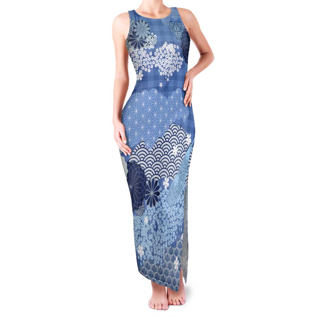 Blue Palaka Japanese Patterns Tank Maxi Dress Asanoha Seigaiha Sakura Motif - Polynesian Pride