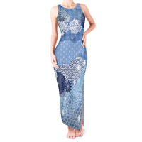Blue Palaka Japanese Patterns Tank Maxi Dress Asanoha Seigaiha Sakura Motif - Polynesian Pride