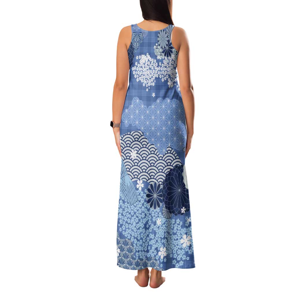 Blue Palaka Japanese Patterns Tank Maxi Dress Asanoha Seigaiha Sakura Motif - Polynesian Pride