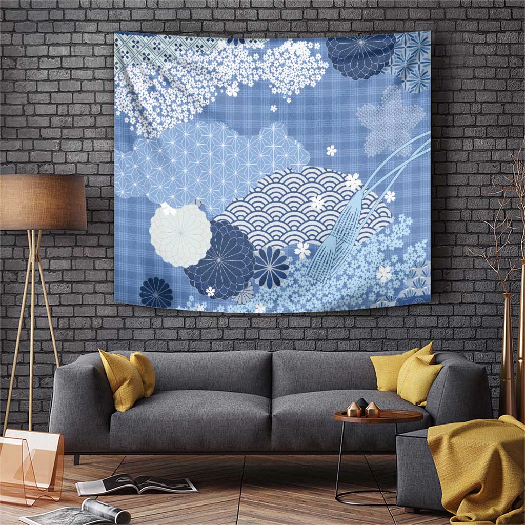 Blue Palaka Japanese Patterns Tapestry Asanoha Seigaiha Sakura Motif LT14 Blue - Polynesian Pride