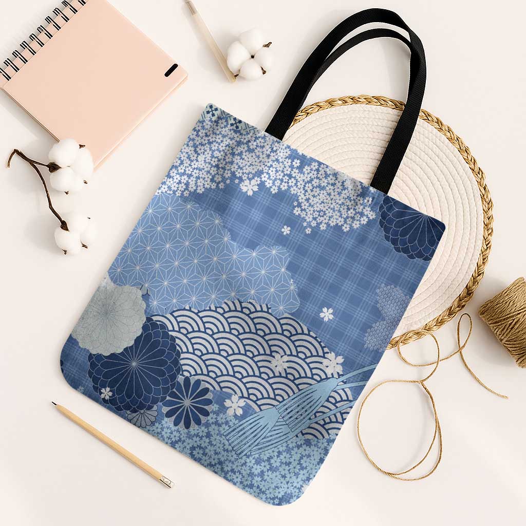 Blue Palaka Japanese Patterns Tote Bag Asanoha Seigaiha Sakura Motif LT14 Black Strap One Size Blue - Polynesian Pride