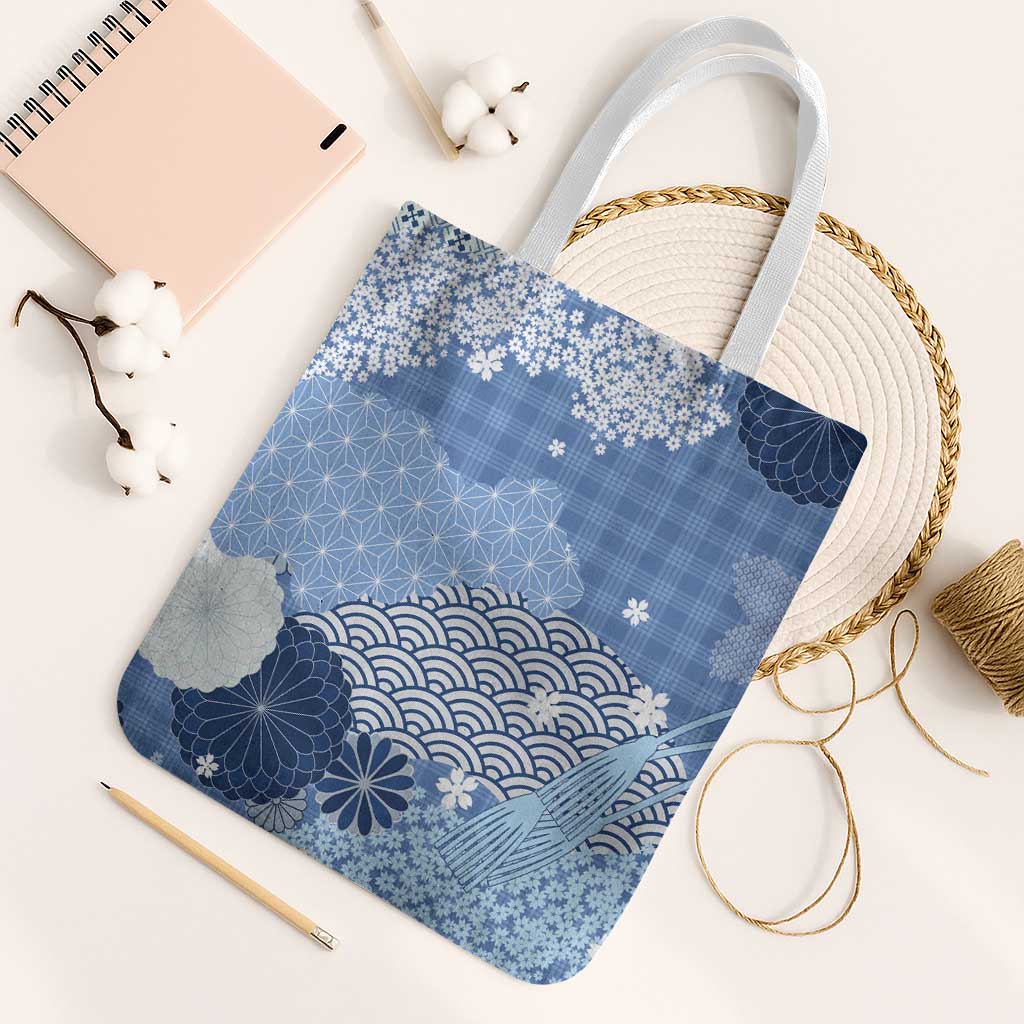 Blue Palaka Japanese Patterns Tote Bag Asanoha Seigaiha Sakura Motif - Polynesian Pride