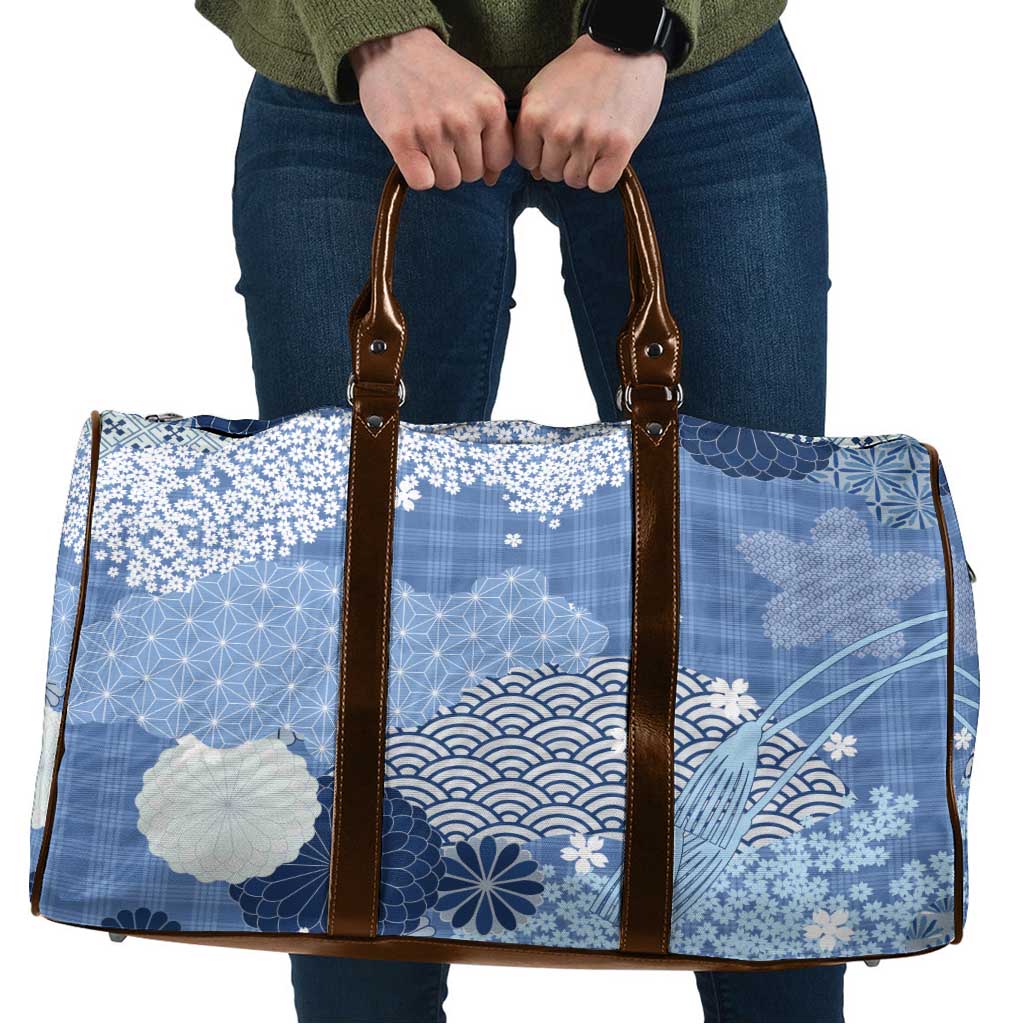 Blue Palaka Japanese Patterns Travel Bag Asanoha Seigaiha Sakura Motif LT14 Blue - Polynesian Pride